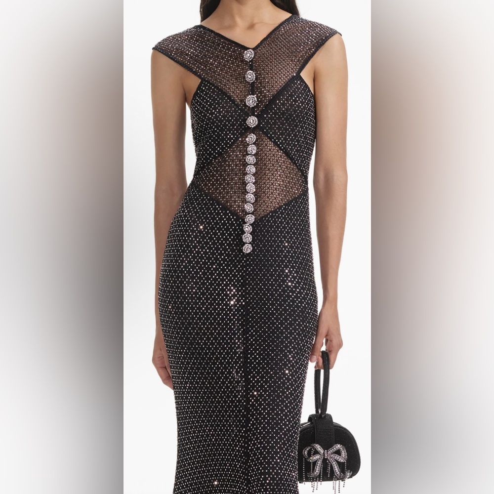 New Self Portrait Black Rhinestone Fishnet Crossover Midi Dress size US 4 - Picture 4 of 17